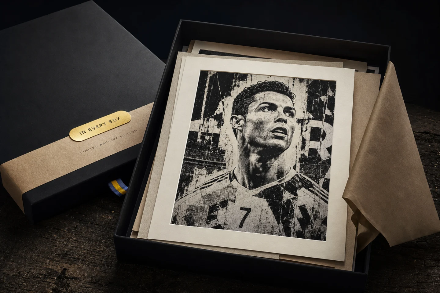 A signed Cristiano print on the archive print stack